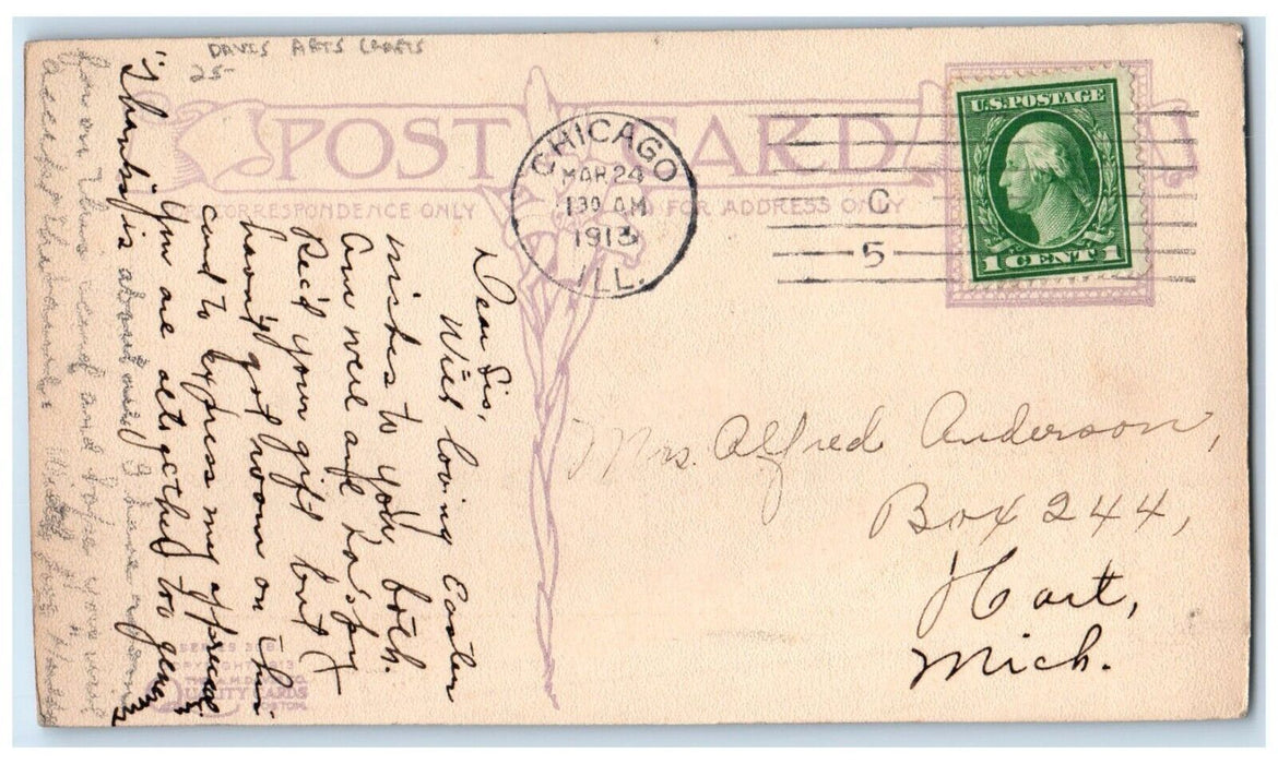 1913 Easter Lily Flowers Davis Arts Crafts Chicago Illinois IL Antique Postcard