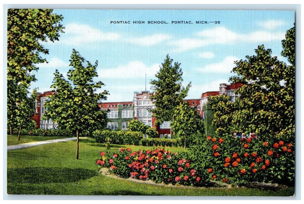 c1940 Overlooking Pontiac High School Building Garden Pontiac Michigan Postcard
