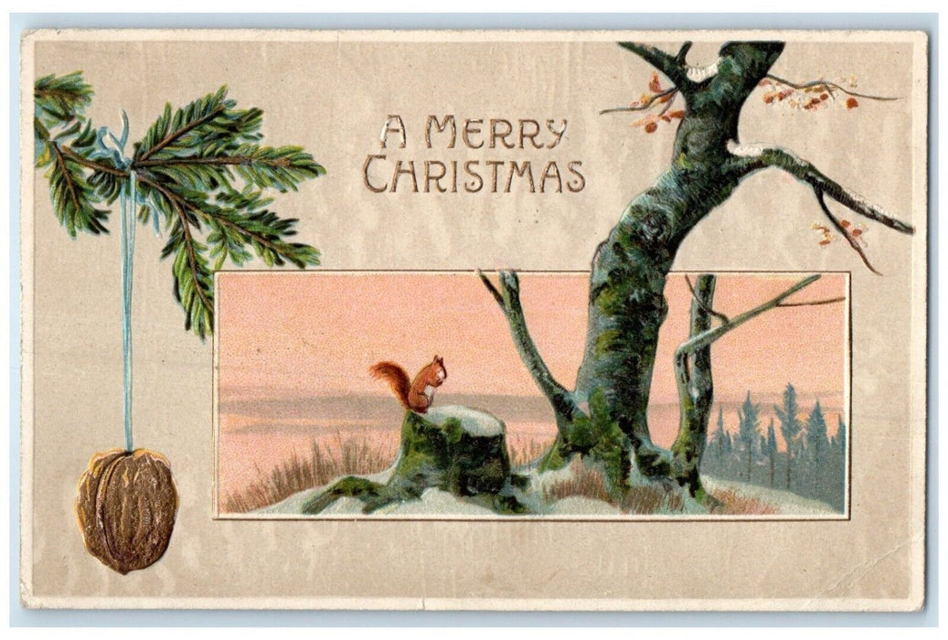 1909 Merry Christmas Pine Cone Squirrel Winter Embossed Prophetstown IL Postcard