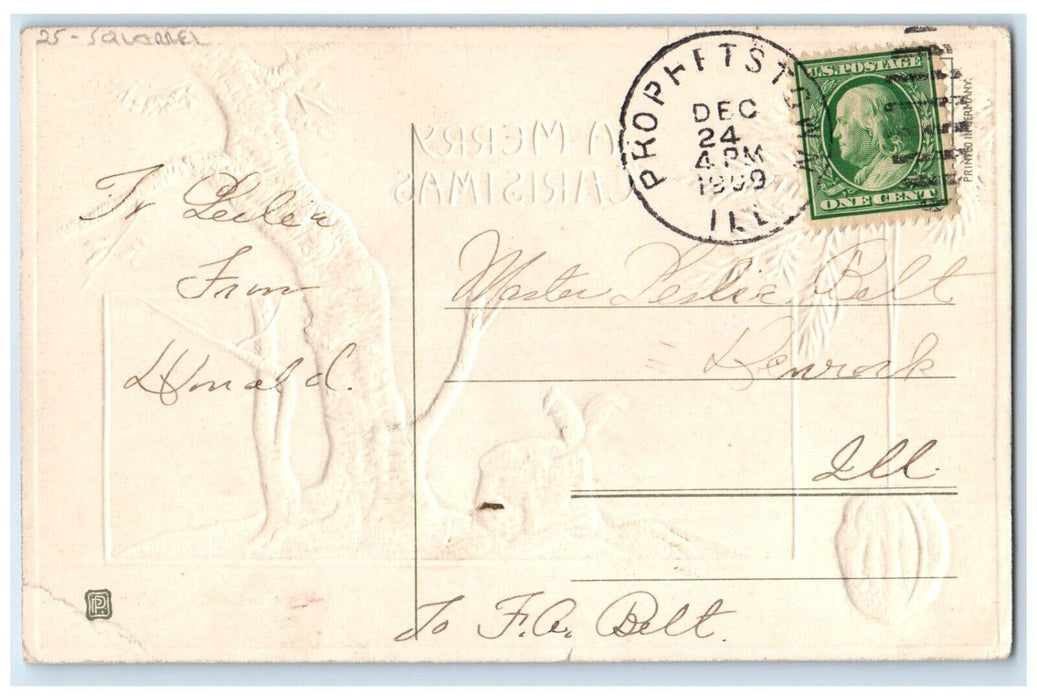 1909 Merry Christmas Pine Cone Squirrel Winter Embossed Prophetstown IL Postcard