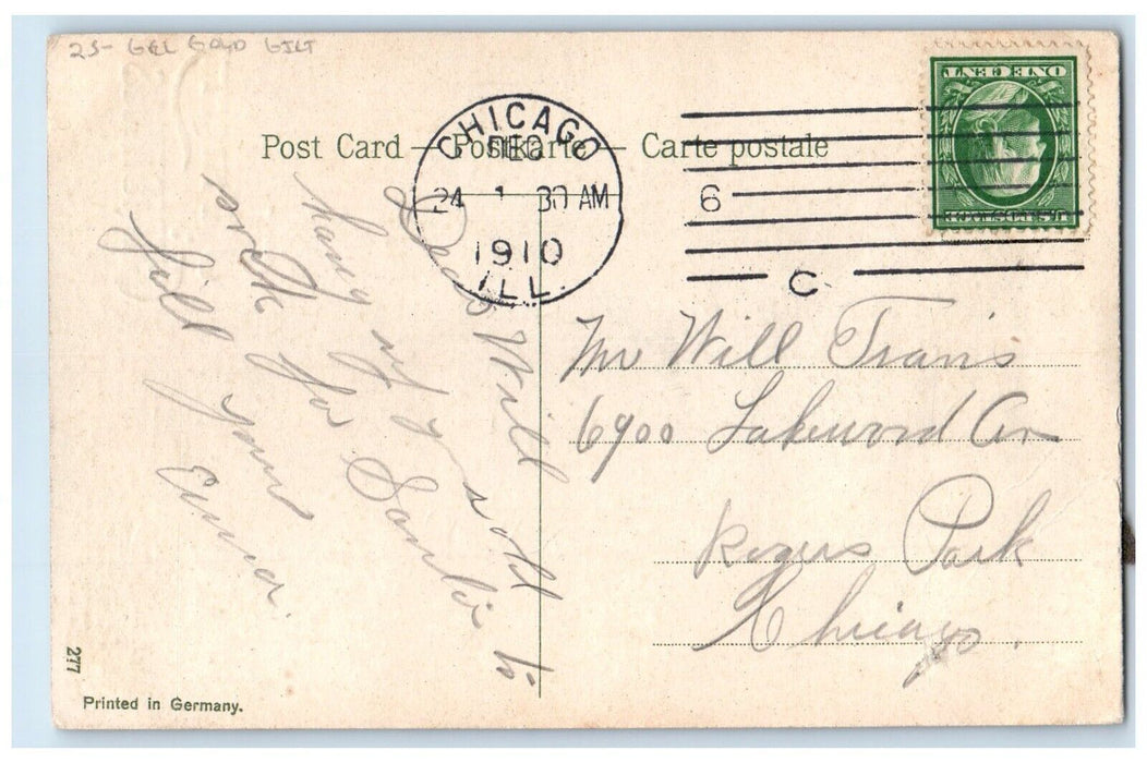 1910 Christmas Deer In Winter Embossed Gel Gold Gilt Chicago IL Antique Postcard