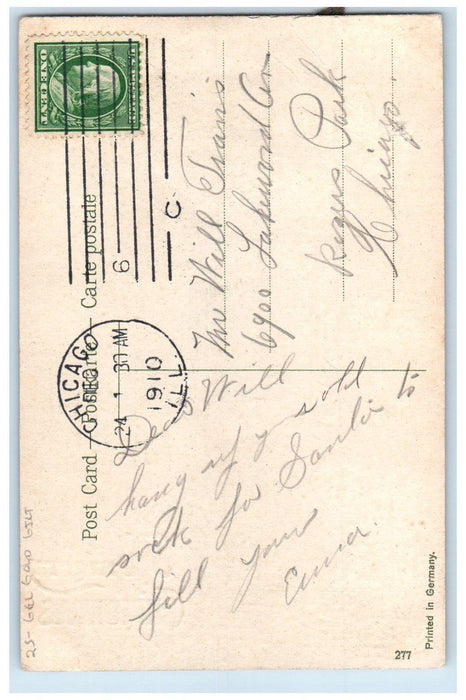 1910 Christmas Deer In Winter Embossed Gel Gold Gilt Chicago IL Antique Postcard