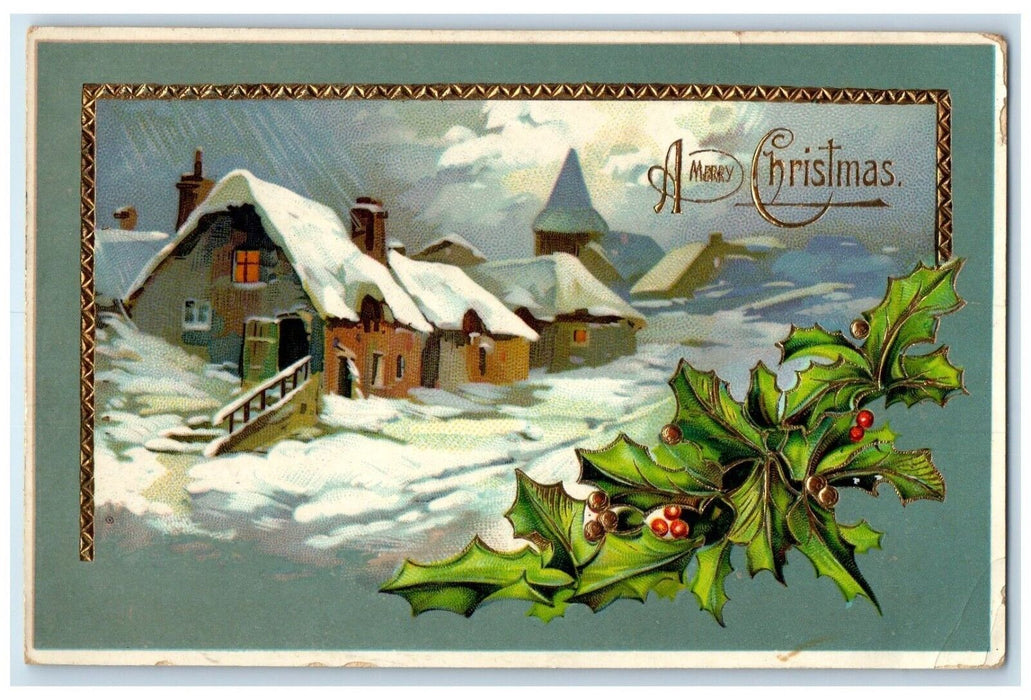 1910 Christmas Houses Winter Holly Berries Gel Gold Gilt Milwaukee WI Postcard