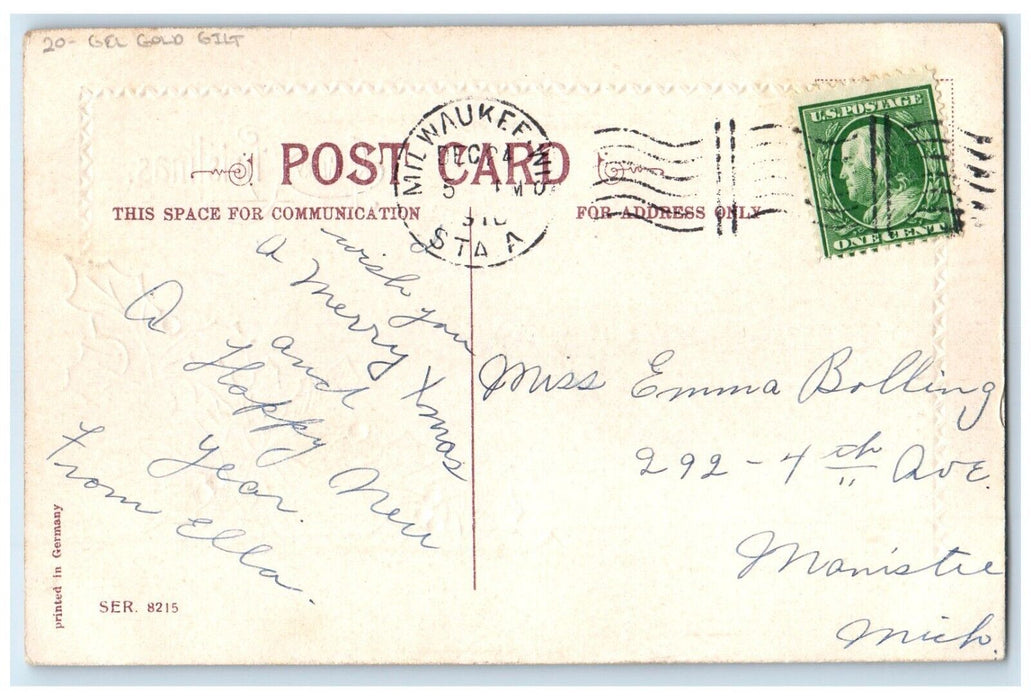 1910 Christmas Houses Winter Holly Berries Gel Gold Gilt Milwaukee WI Postcard