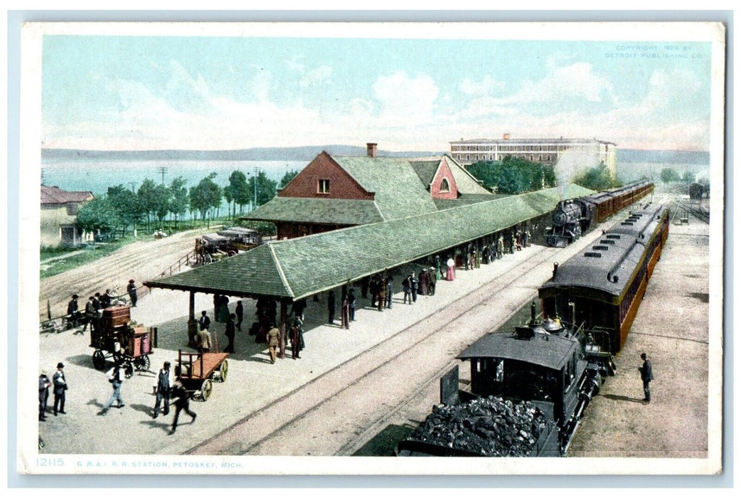 1910 Aerial View GR Railroad Station Locomotive Train Petoskey Michigan Postcard