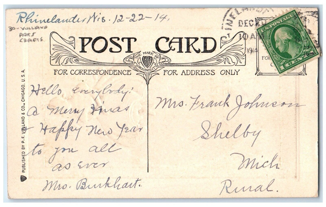 1914 Christmas Blessing Pretty Woman Volland Arts Crafts Embossed Postcard