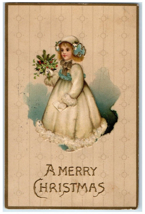 c1910's Christmas Pretty Girl Holding Holly Berries Embossed Chicago IL Postcard