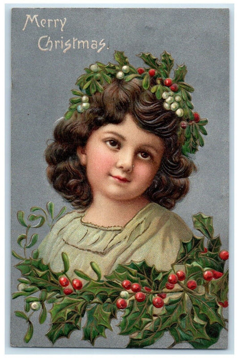c1910's Merry Christmas Pretty Woman Holly Berries Mistletoe Embossed Postcard