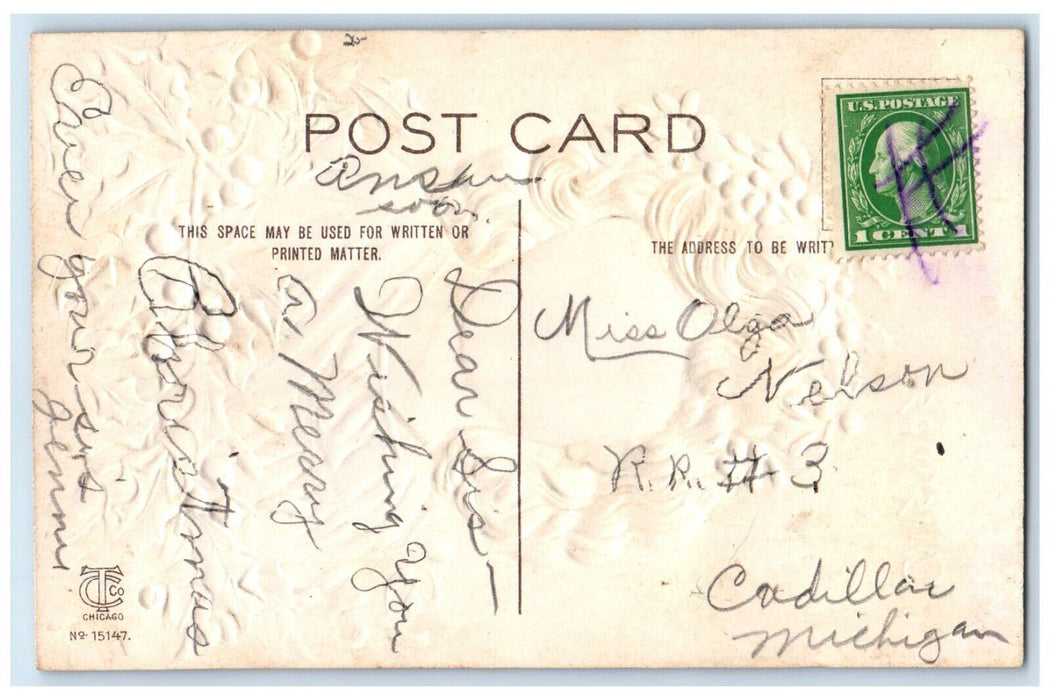 c1910's Merry Christmas Pretty Woman Holly Berries Mistletoe Embossed Postcard