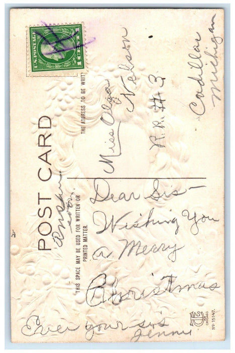c1910's Merry Christmas Pretty Woman Holly Berries Mistletoe Embossed Postcard