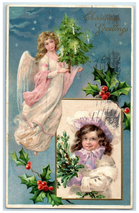 c1910s Christmas Greetings Floating Angel Holly Berries Cadillac MI Postcard