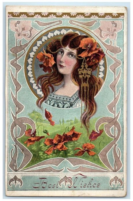 c1910s Best Wishes Pretty Woman Flowers Art Nouveau Posted Antique Postcard