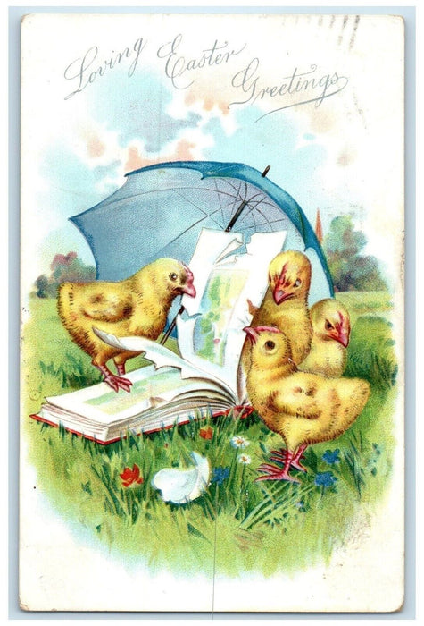 1908 Easter Greetings Chicks Umbrella Daisy Flowers Tuck's Embossed Postcard