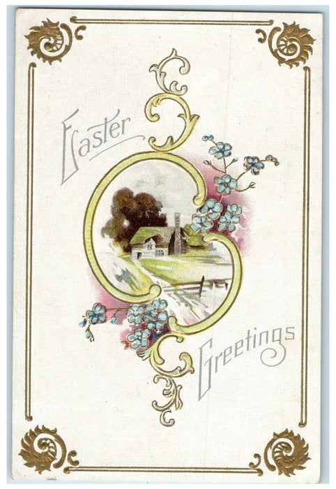 c1910's Easter Greetings Flowers House Embossed Posted Antique Postcard