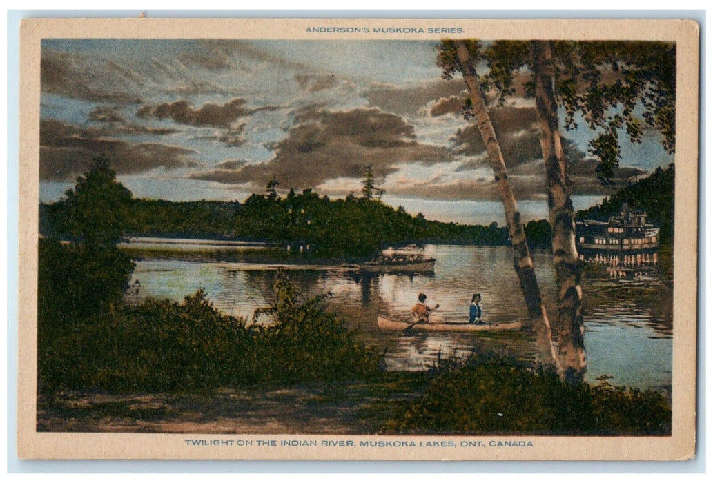 c1940's Steamboat Twilight on Indian River Muskoka Lakes Ontario Canada Postcard