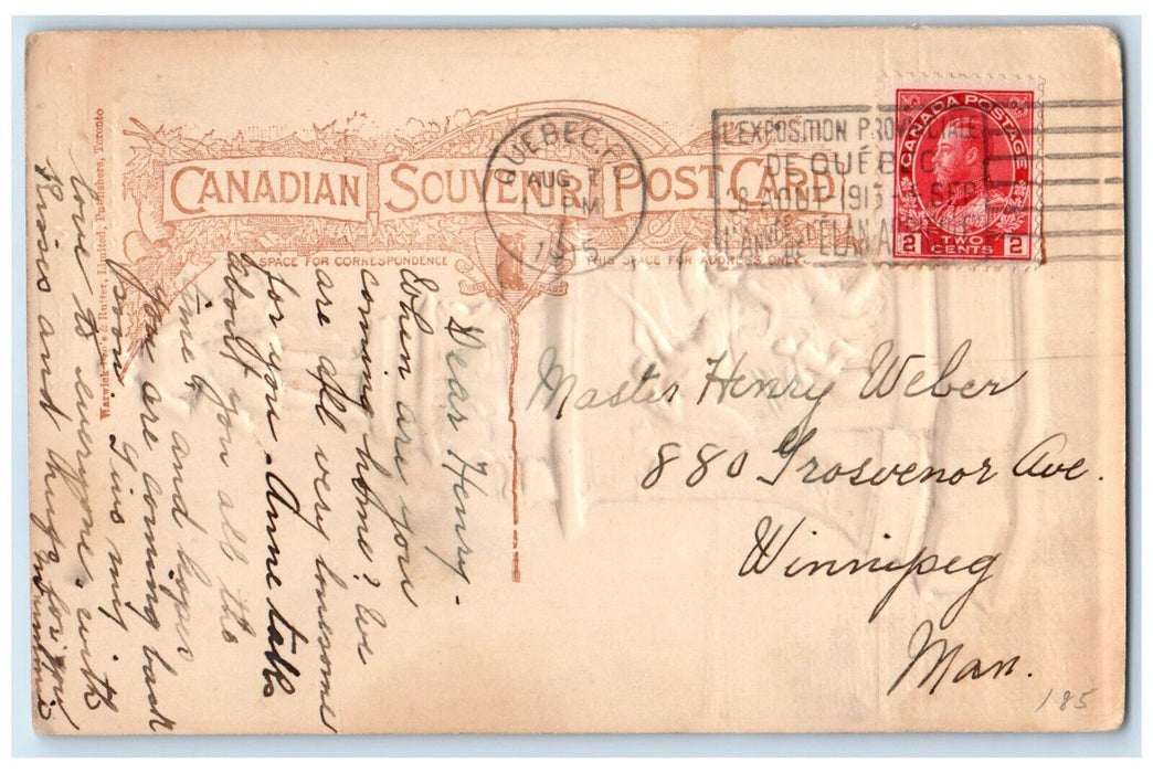 1915 Champlain Monument Quebec Canada Embossed Airbrush Antique Postcard