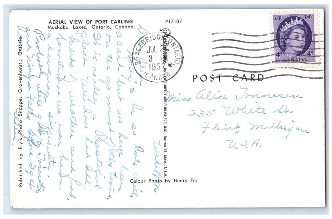 1957 Aerial View of Port Carling Muskoka Lakes Ontario Canada Postcard