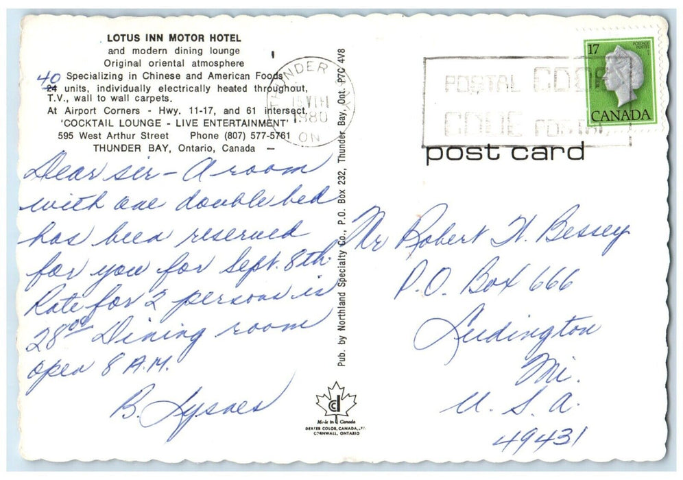 1980 Lotus Inn Motel Thunder Bay Ontario Canada Vintage Multiview Postcard
