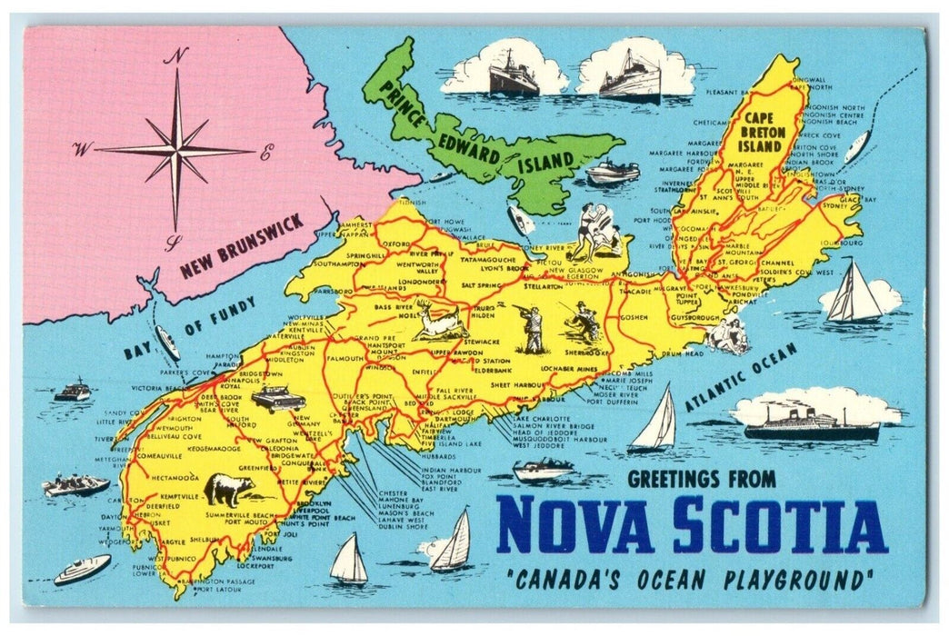 c1950's Map Ocean Playground Greetings from Nova Scotia Canada Vintage Postcard