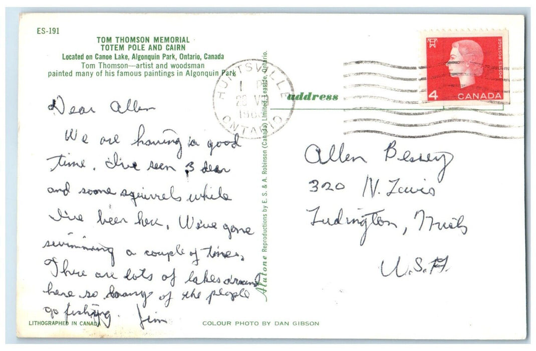 1963 Tom Thomson Memorial Totem Pole and Cairn Algonquin Park Canada Postcard