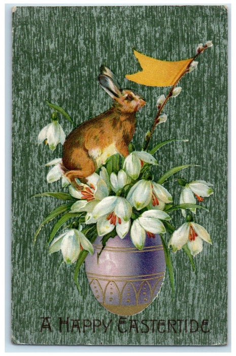 1909 Easter White Flowers In Hatched Egg Rabbit Winsch Back Embossed Postcard