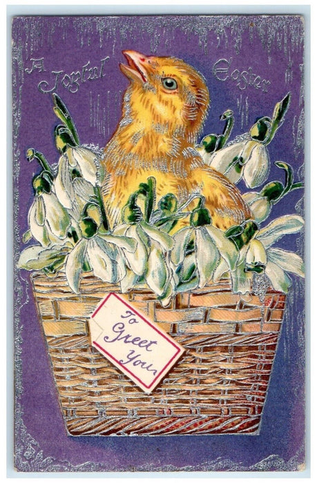 1910 Easter Chick In Basket Flowers Embossed Tuck's Salt Lake City UT Postcard