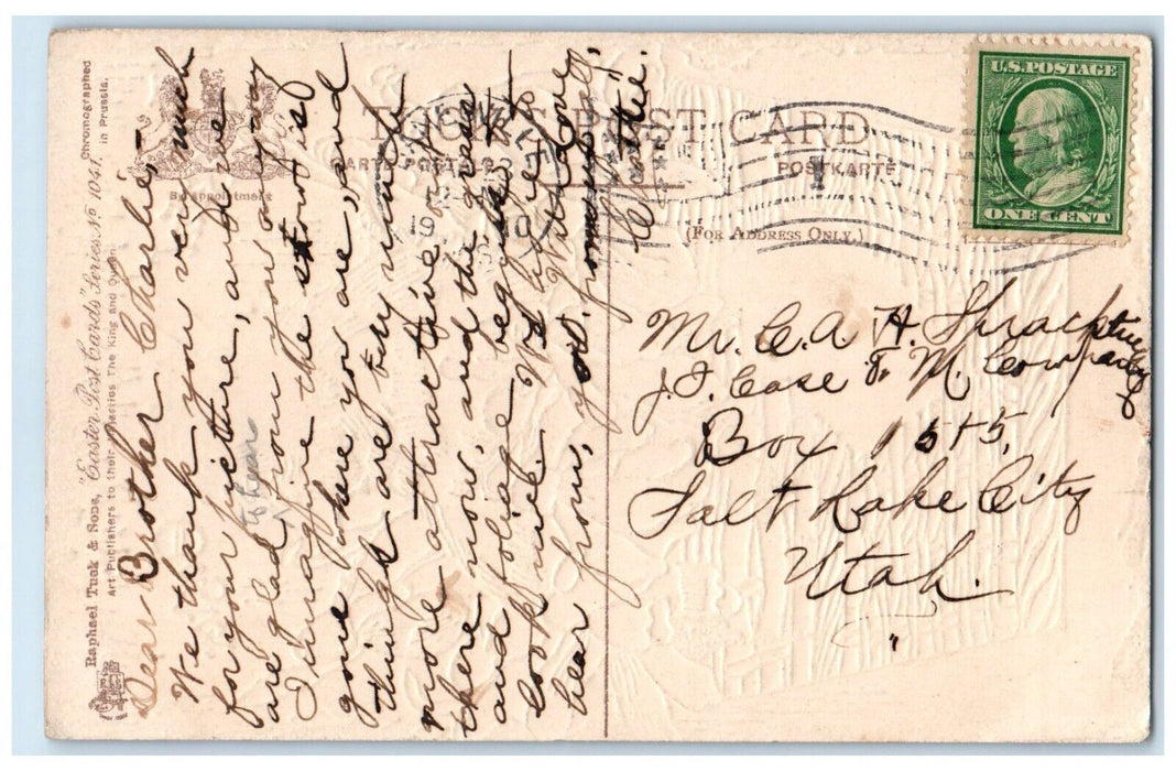 1910 Easter Chick In Basket Flowers Embossed Tuck's Salt Lake City UT Postcard