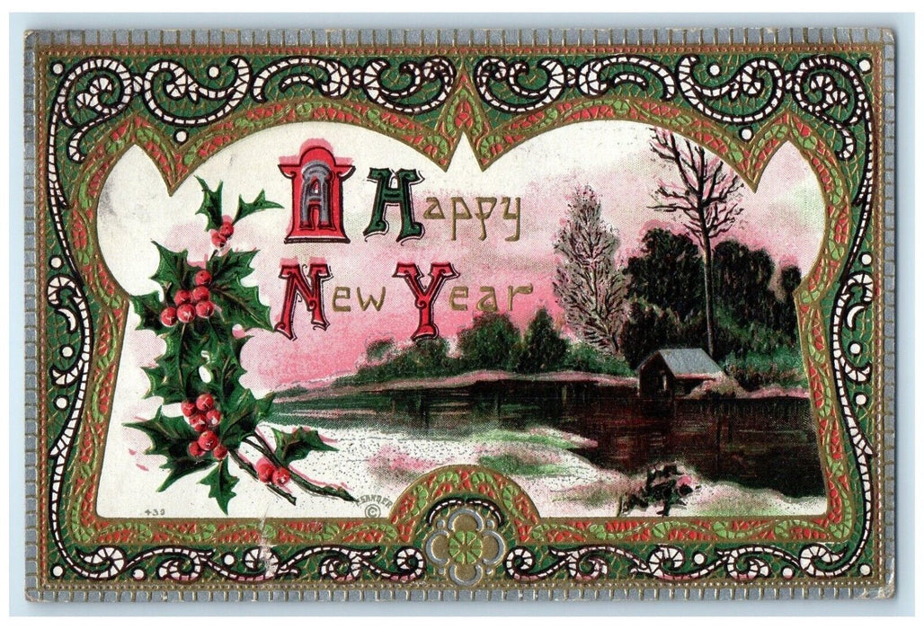 1911 Happy New Year Holly Berries  House River Scottville Michigan MI Postcard