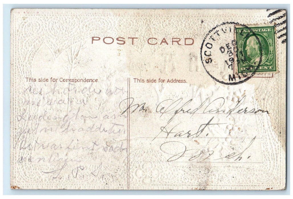 1911 Happy New Year Holly Berries  House River Scottville Michigan MI Postcard