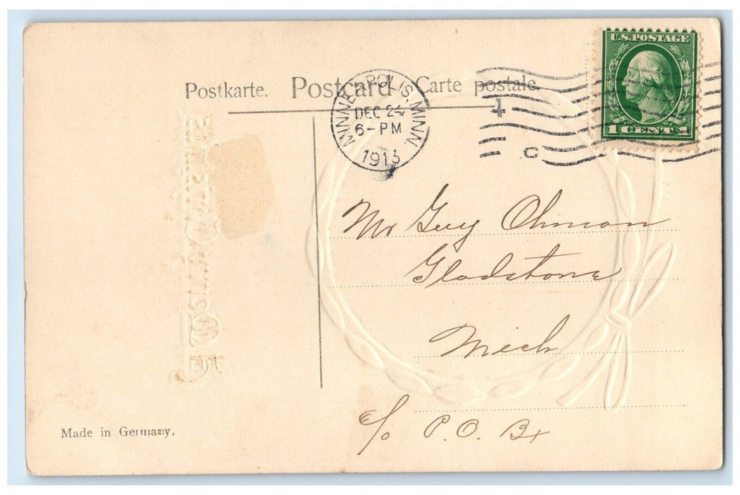 1913 Merry Christmas Mill Airbrushed Embossed Minneapolis MN Posted Postcard