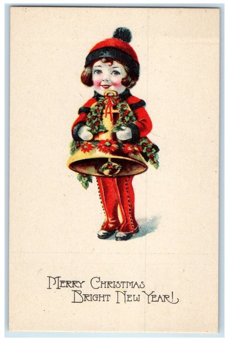 c1910's Merry Christmas Little Girl Holding Bell Holly Berries Antique Postcard