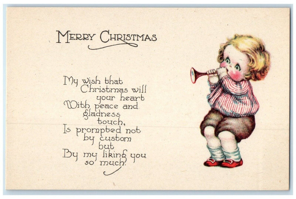 c1910's Merry Christmas Message Little Girl Trumpet Unposted Antique Postcard