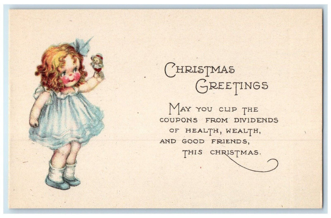 c1910's Christmas Greetings Cute Little Girl Holding Doll Antique Postcard