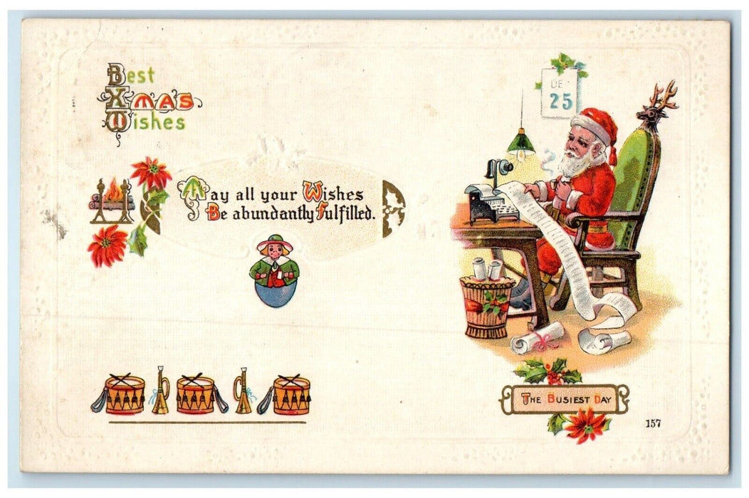 1917 Christmas Santa Claus Printing List Holly Berries Poinsettia Toys Postcard