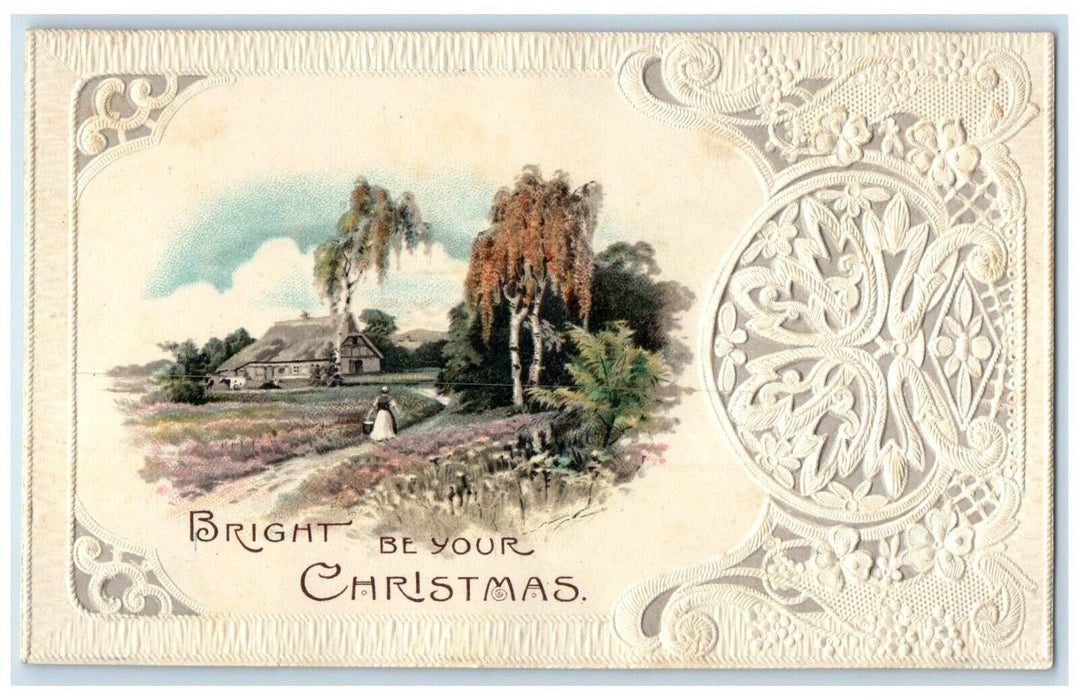 c1910's Christmas Woman Flowers House And Trees Embossed Antique Postcard