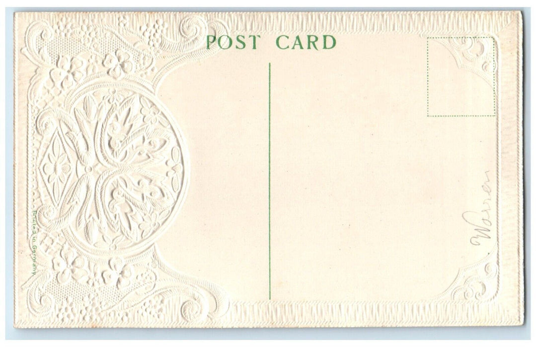 c1910's Christmas Woman Flowers House And Trees Embossed Antique Postcard