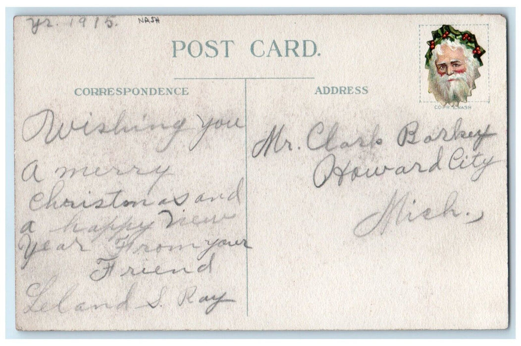 1915 Merry Christmas Sweet Couple Kissing Wedding Nash Howard City MI Postcard
