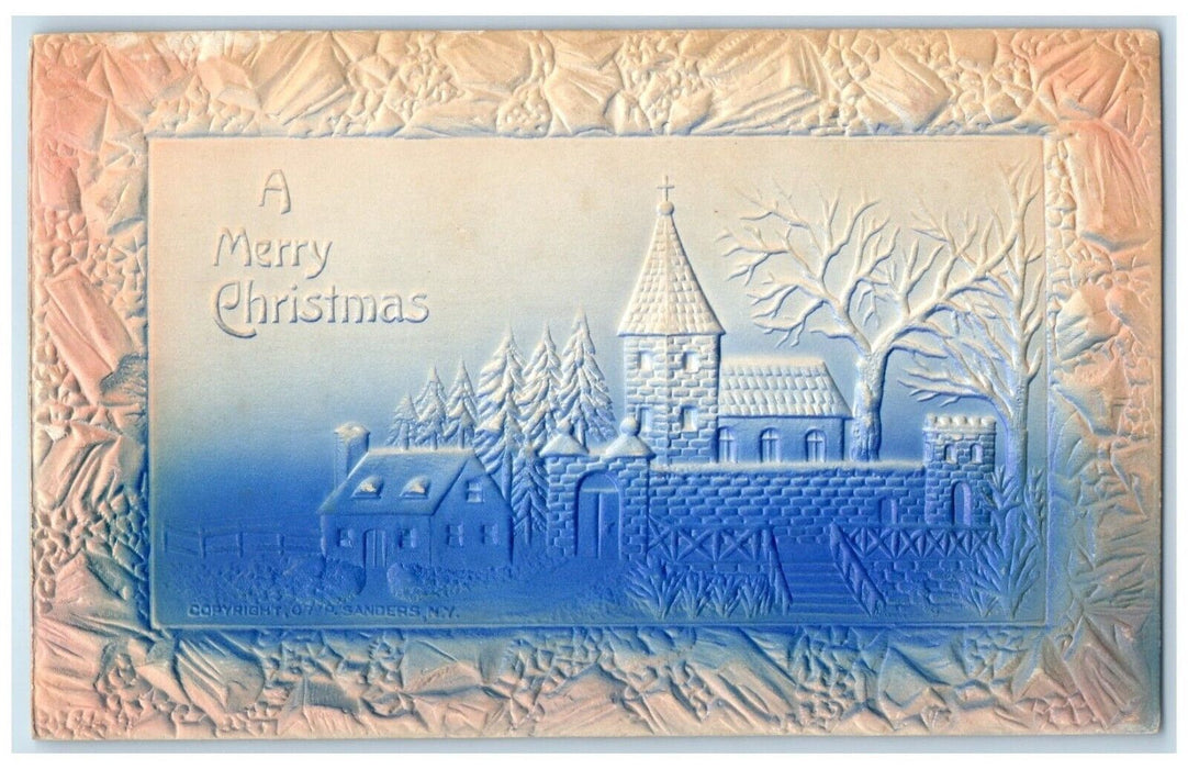 c1910's Merry Christmas House Church Airbrushed Embossed Matlock IA Postcard