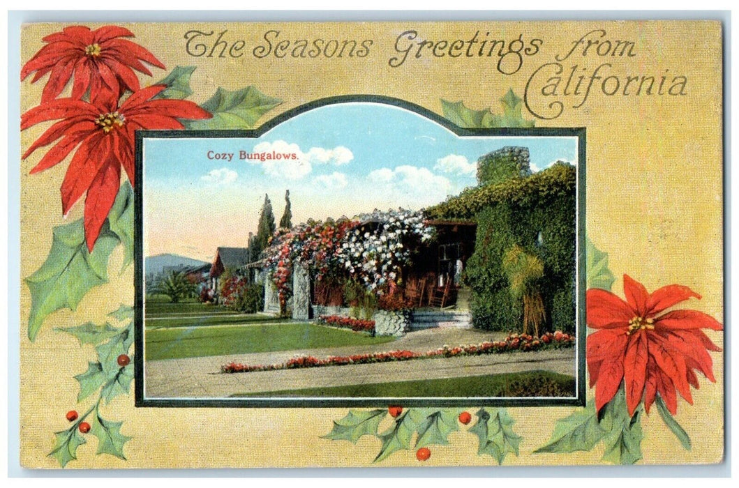 c1910's Season Greetings Poinsettia Flowers Berries Cozy Bungalows Postcard