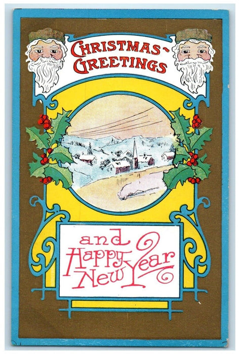 Christmas Greetings And New Year Holly Berries House Church Embossed Postcard