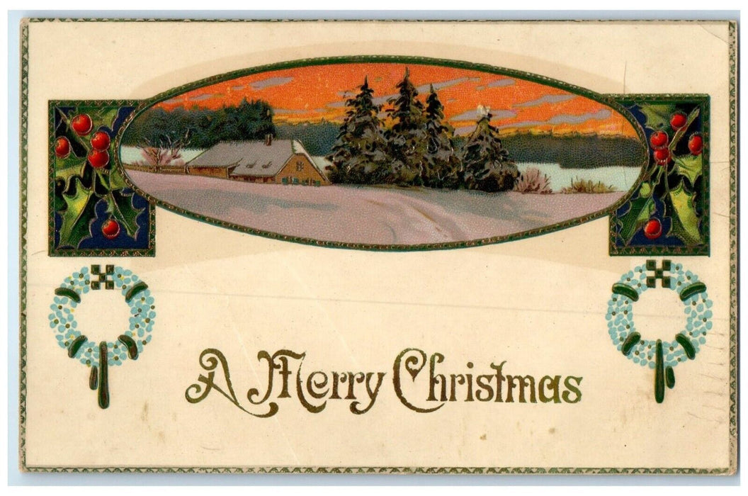 c1910's Merry Christmas House Winter Pine Trees Berries Gel Gold Gilt Postcard