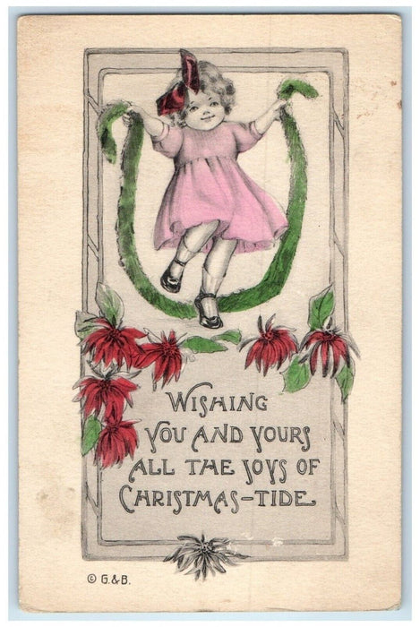 c1910's Christmas Little Girl Playing Poinsettia Flowers Antique Postcard