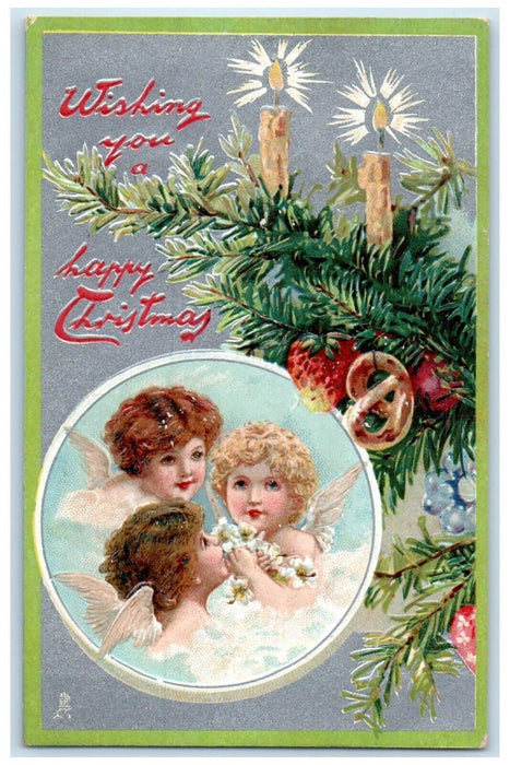 c1910's Christmas Tree Candles Strawberries Angels Head Tuck's Antique Postcard