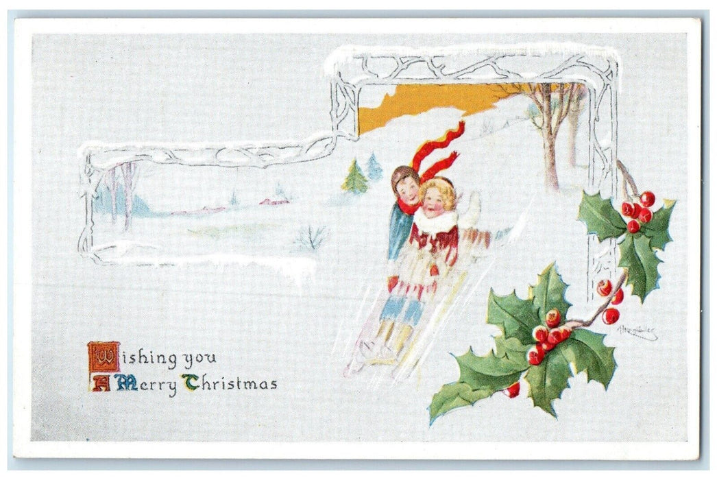 1915 Christmas Children Sledding In Winter Holly Berries Embossed Postcard