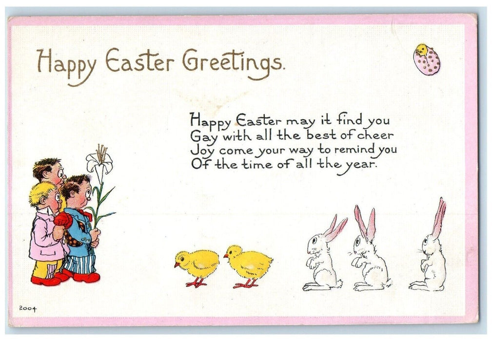 c1910's Easter Greetings Children Chicks And Bunny Rabbit Embossed Postcard