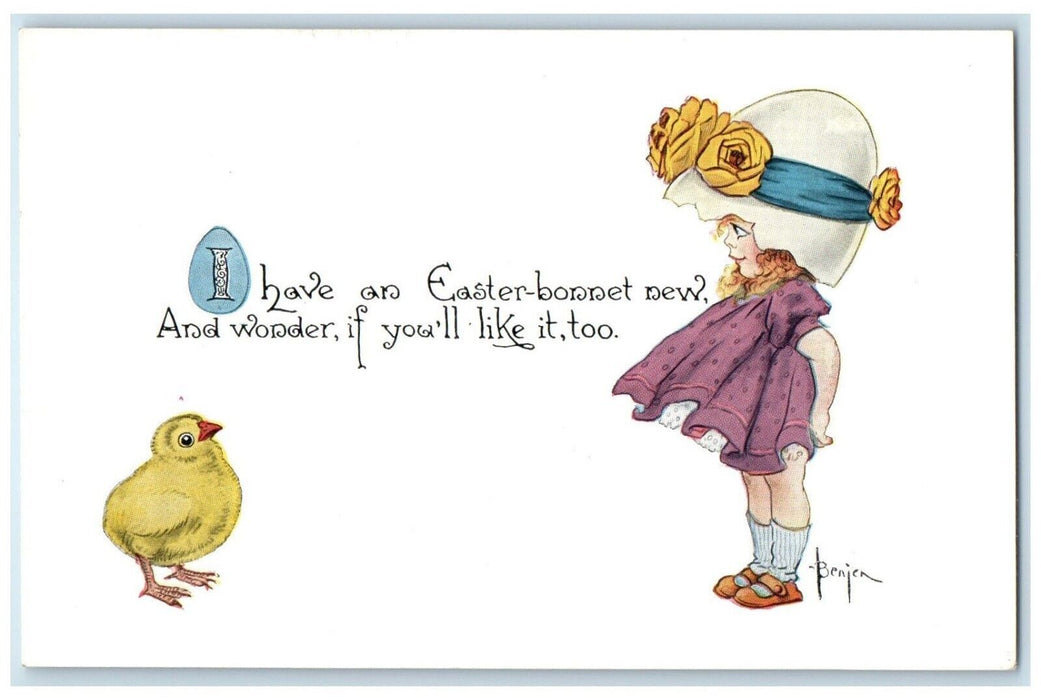 Easter Little Girl Hatched Egg Bonnet Flowers Chick Embossed Gibson Postcard
