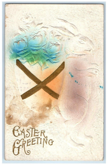 1913 Easter Greeting Rabbit Basket Egg Flowers Airbrushed Ludington MI Postcard
