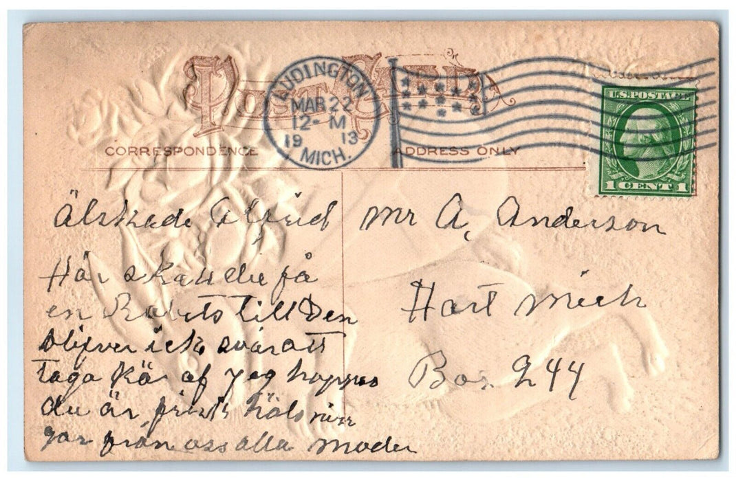 1913 Easter Greeting Rabbit Basket Egg Flowers Airbrushed Ludington MI Postcard