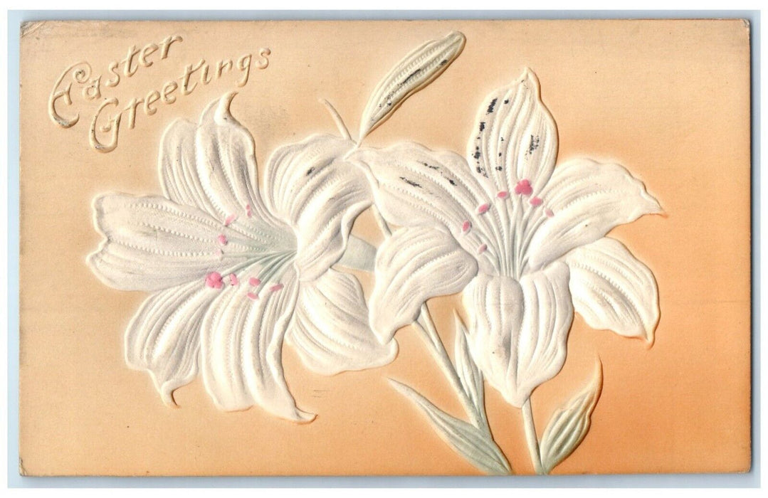 c1910's Easter Greetings Lily Flowers Airbrushed Embossed Ludington MI Postcard