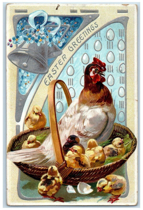 Easter Greetings Ringing Bell Pansies Chicken Hen Chicks Basket Tuck's Postcard